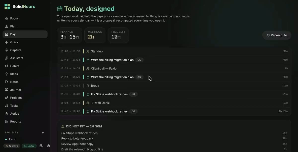 A day being planned: tasks laid into the gaps between two meetings, with the work that does not fit listed underneath